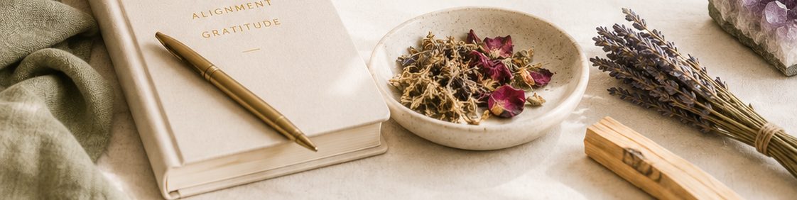 A linen journal reading Alignment, Gratitude beside a dish of dried rose petals, lavender, and palo santo.